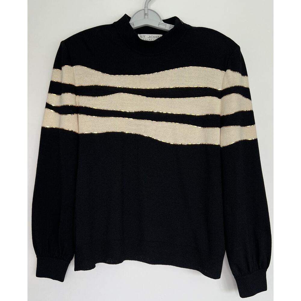 St. John Women Size Medium Black White Mock Turtleneck Sweater